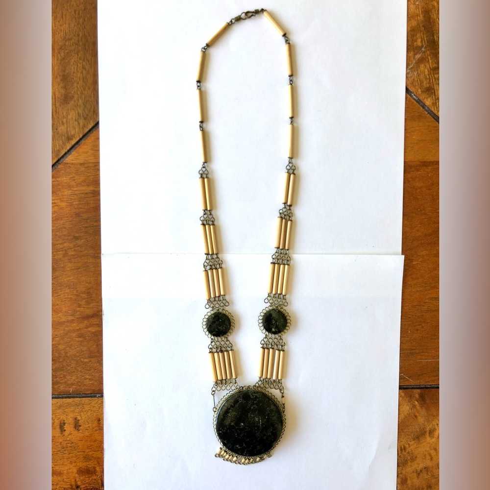 21” Wooden Bead Necklace with Large Granite Stones